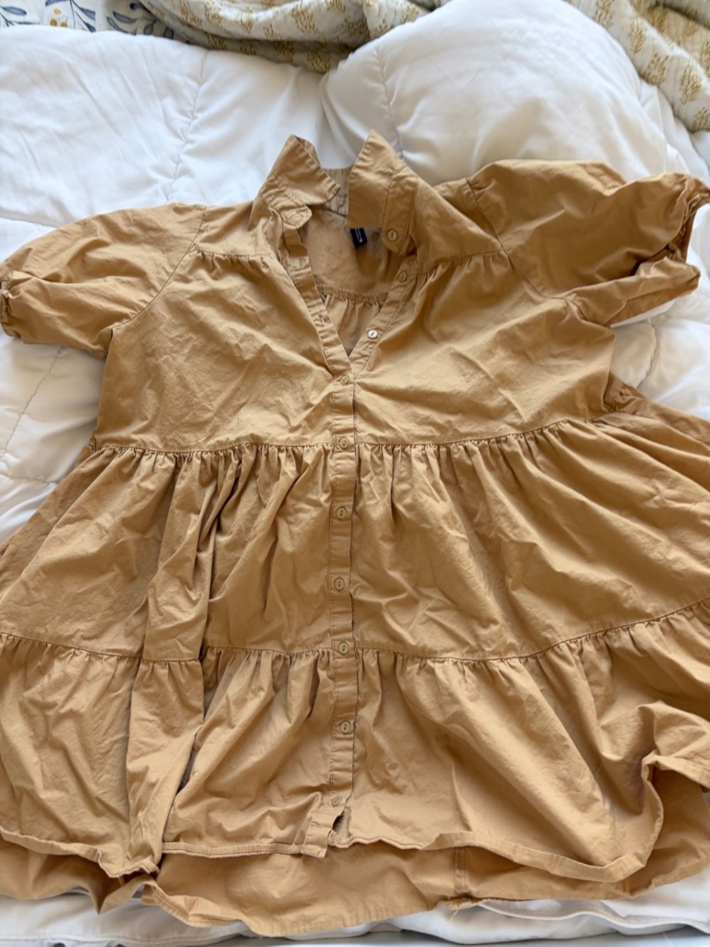 Zara Button-Front Tiered Peplum Dress in Camel